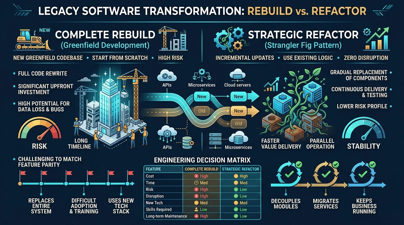 Legacy Software Transformation: Complete Rebuild vs Strategic Refactor
