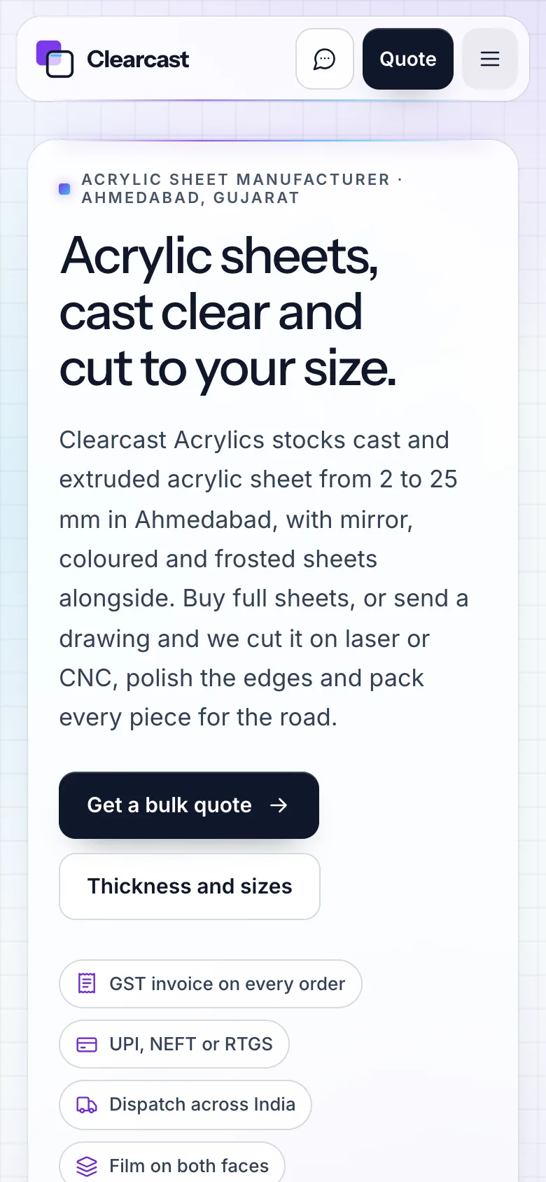 Acrylic sheet manufacturers demo website on a phone