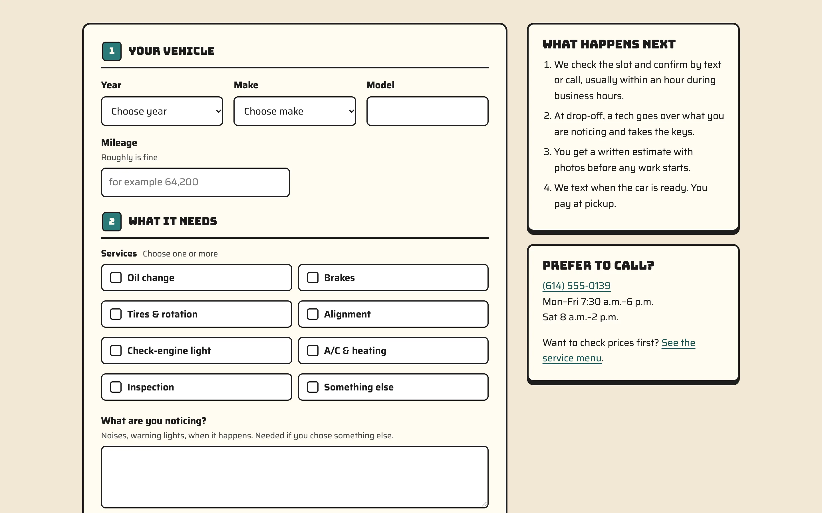 Auto repair garages demo — Booking form