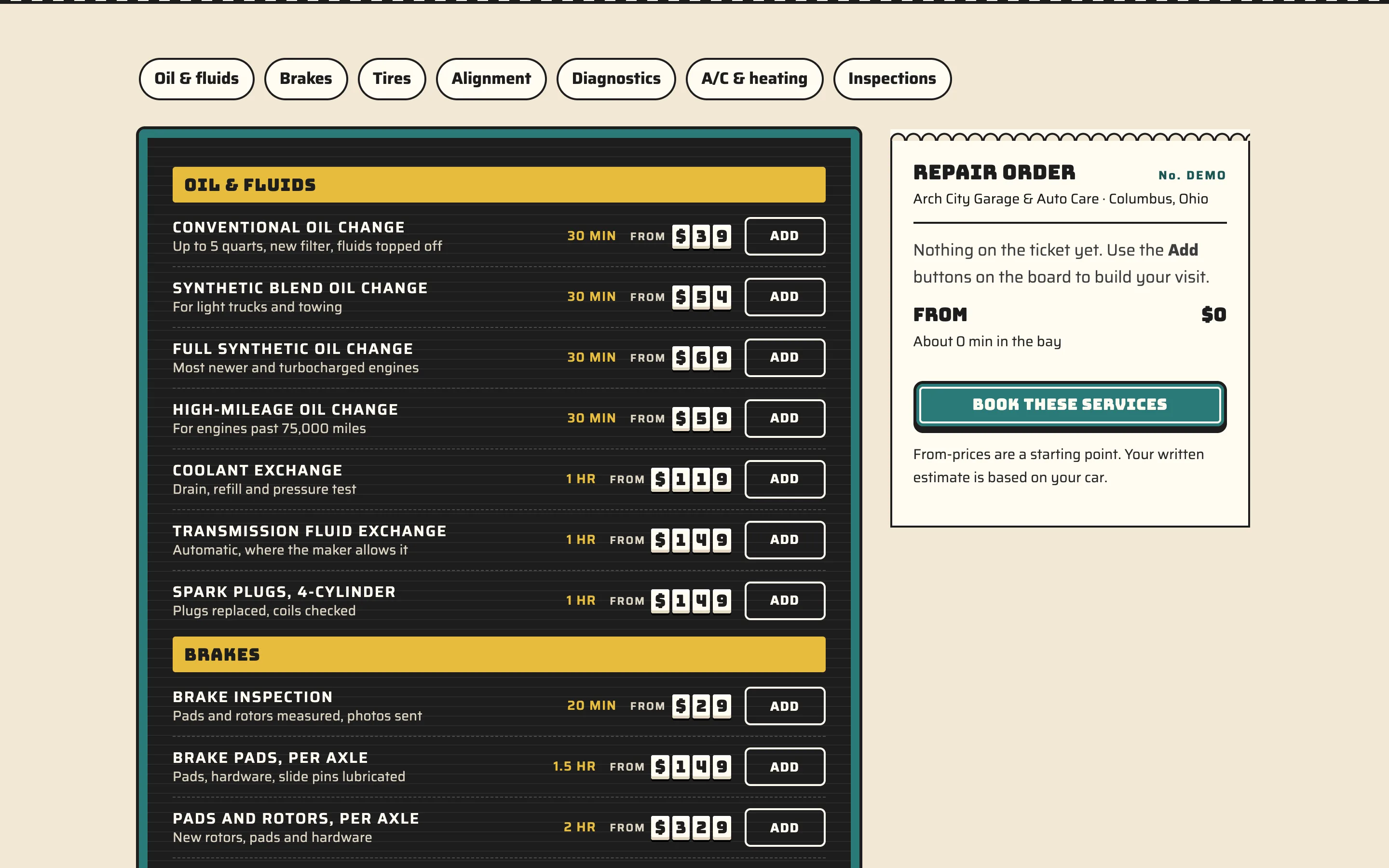 Auto repair garages demo — Service menu board