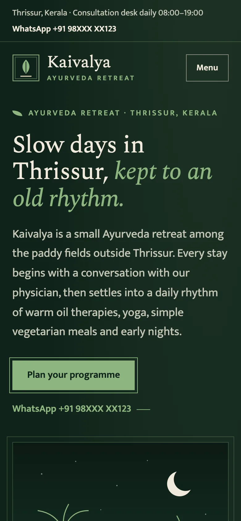 Ayurveda centres and wellness retreats demo website on a phone