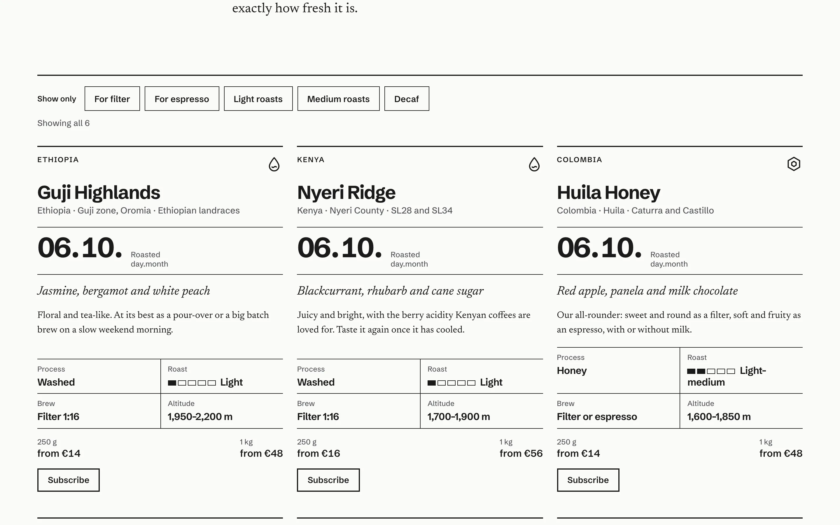 Cafés and coffee roasters demo — Coffee product cards