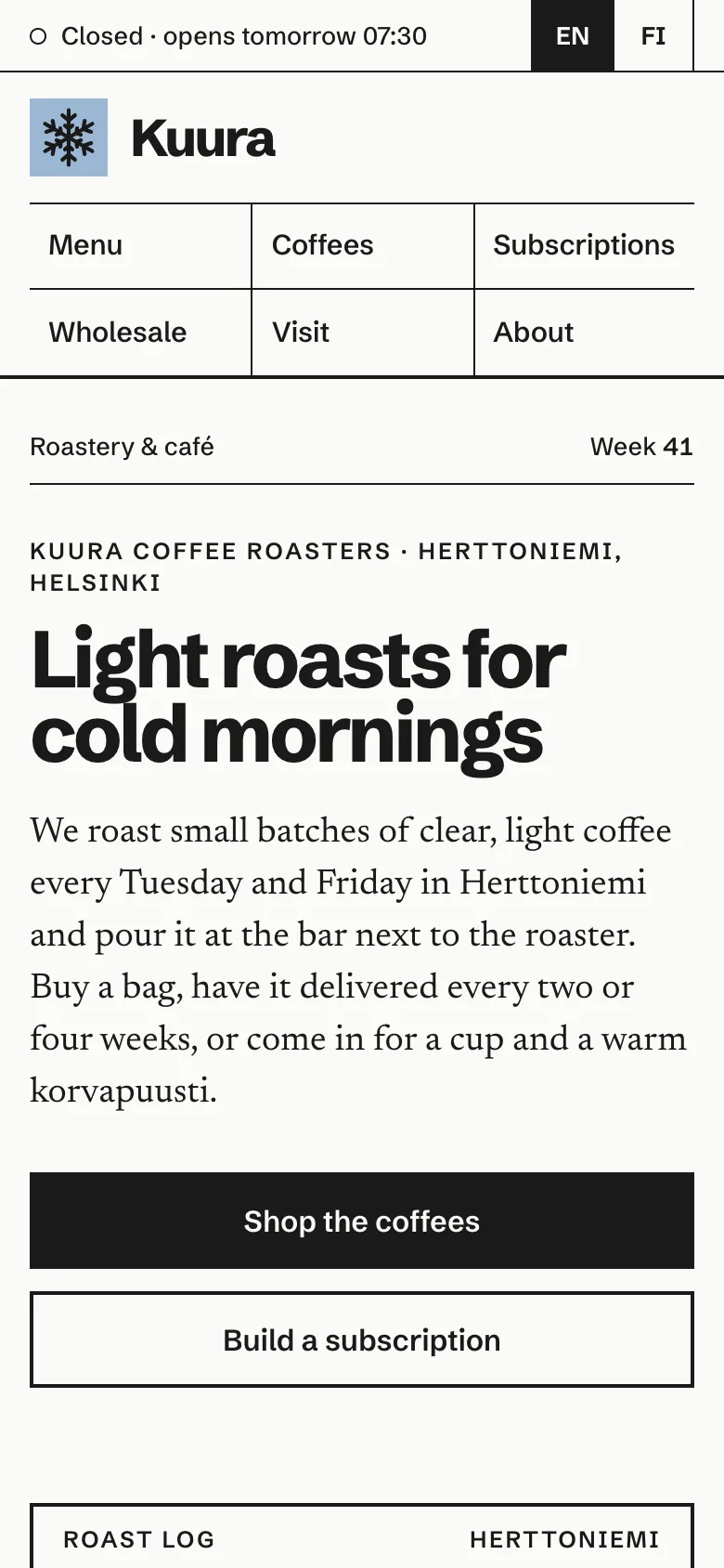 Cafés and coffee roasters demo website on a phone