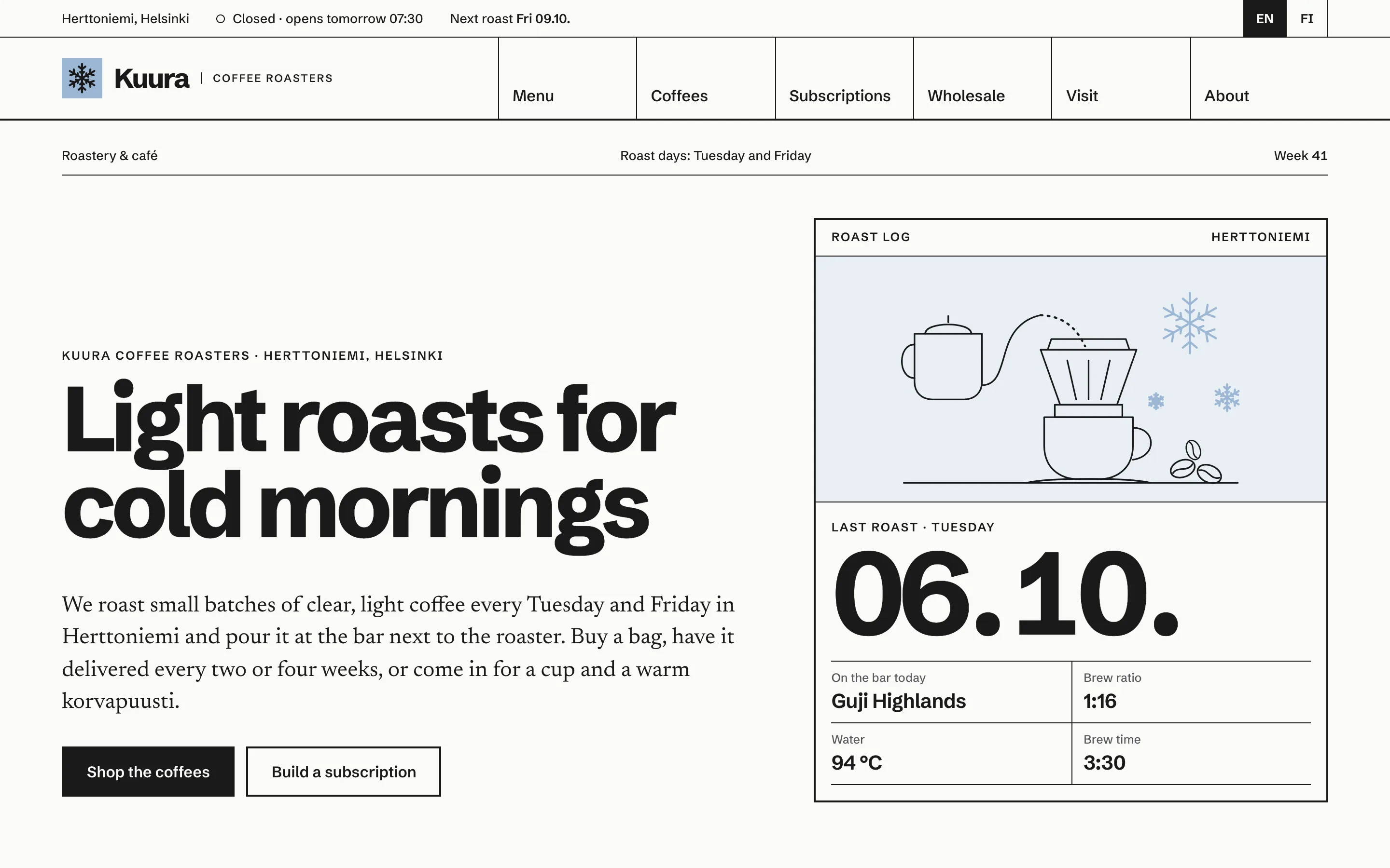 Cafés and coffee roasters demo website on a desktop browser