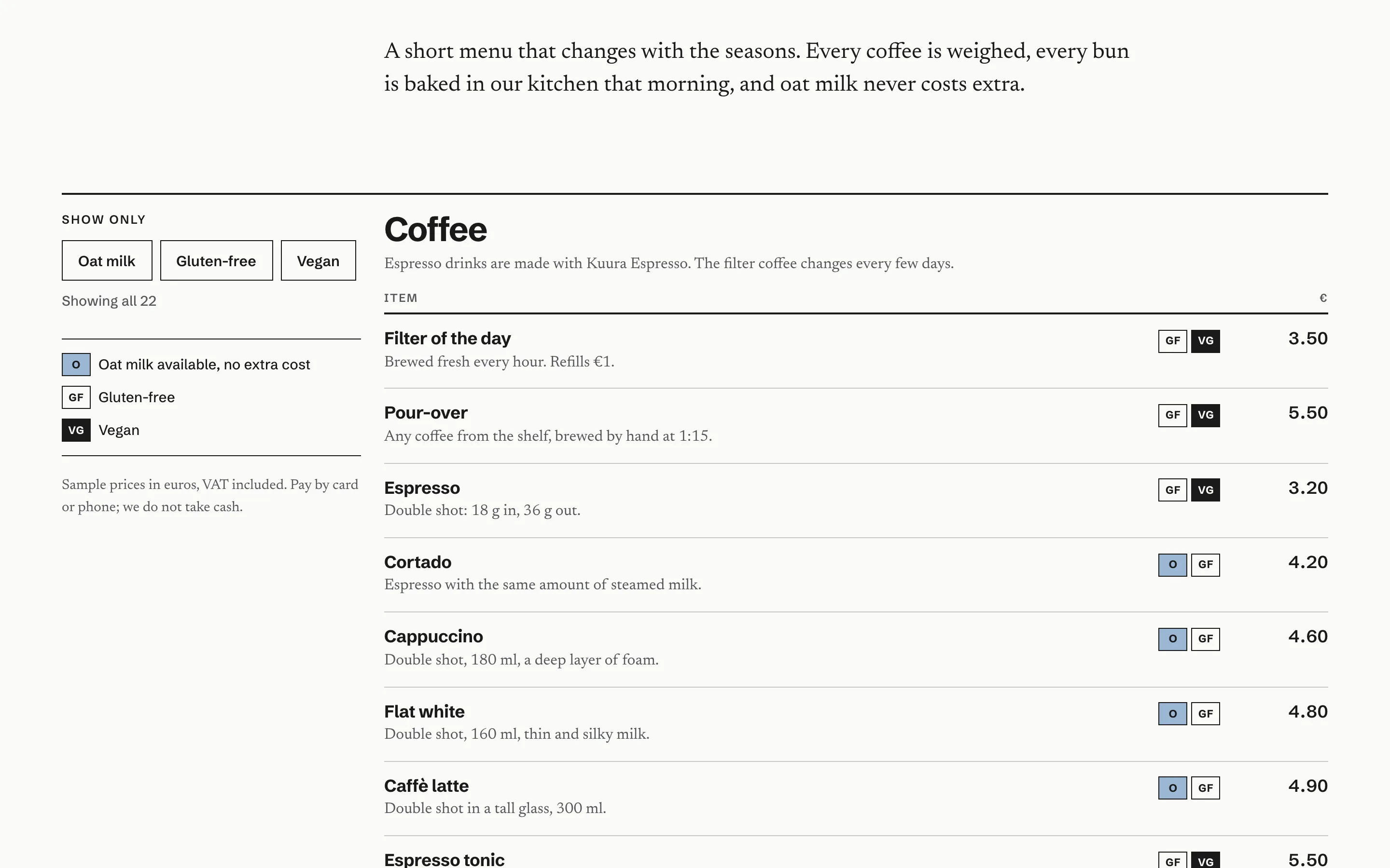 Cafés and coffee roasters demo — Café menu with dietary filters