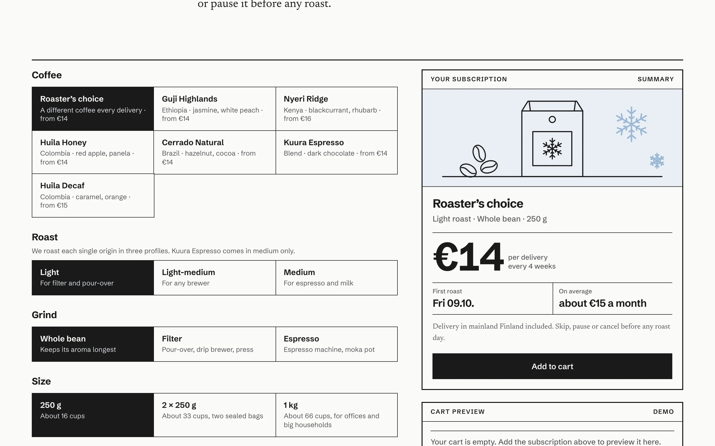 Cafés and coffee roasters demo — Subscription builder