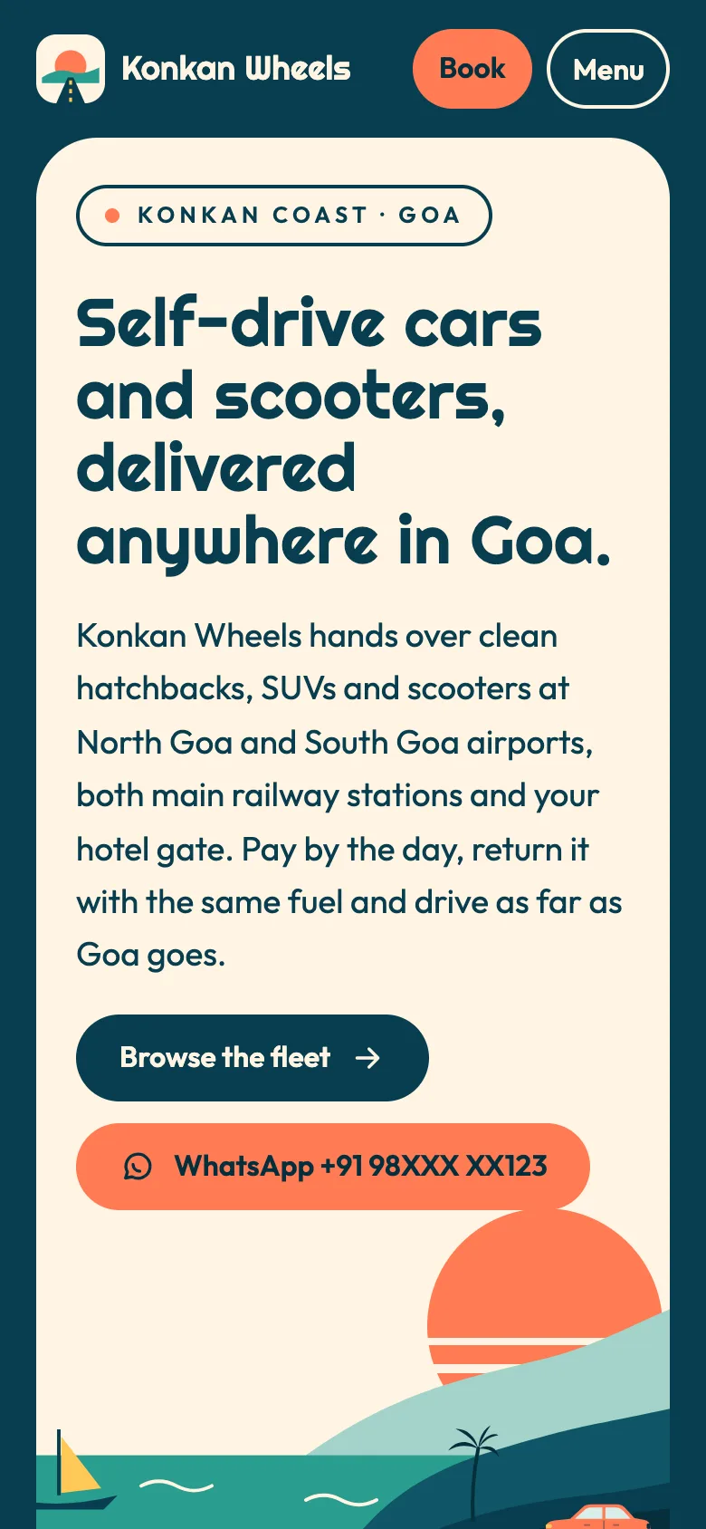 Car and scooter rentals demo website on a phone