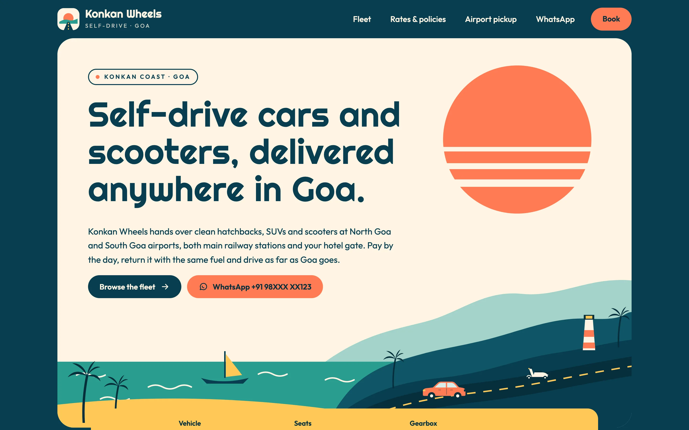 Car and scooter rentals demo website on a desktop browser
