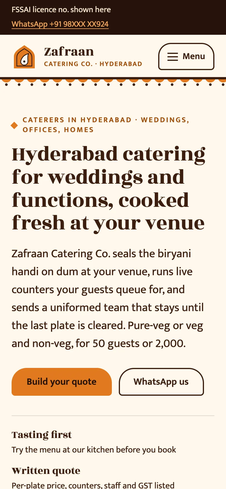 Catering companies demo website on a phone