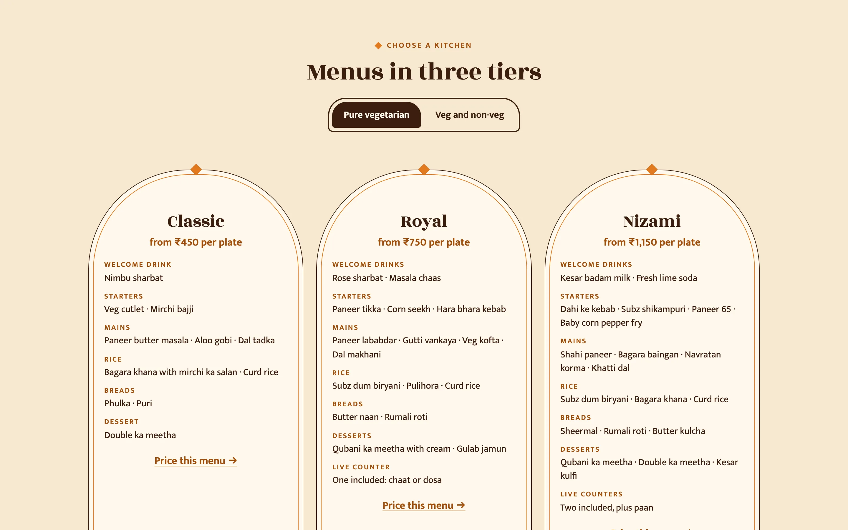 Catering companies demo — Tiered sample menus