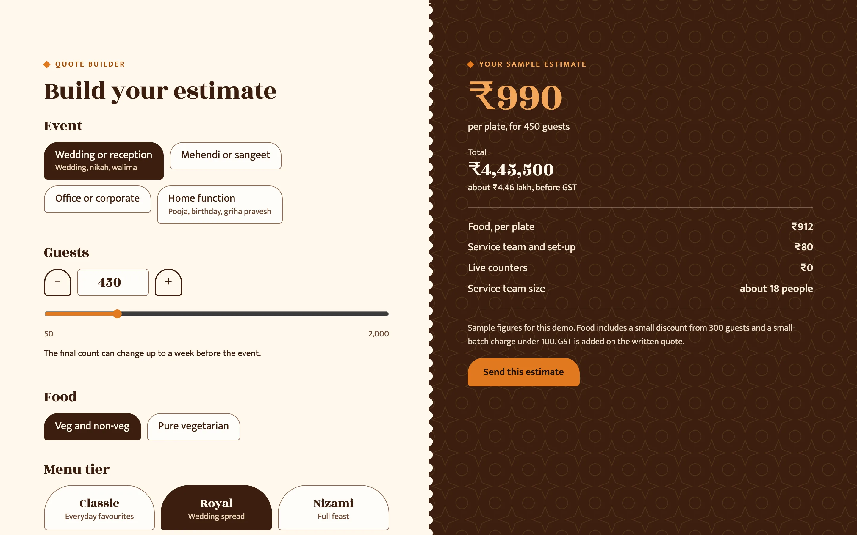 Catering companies demo — Quote builder