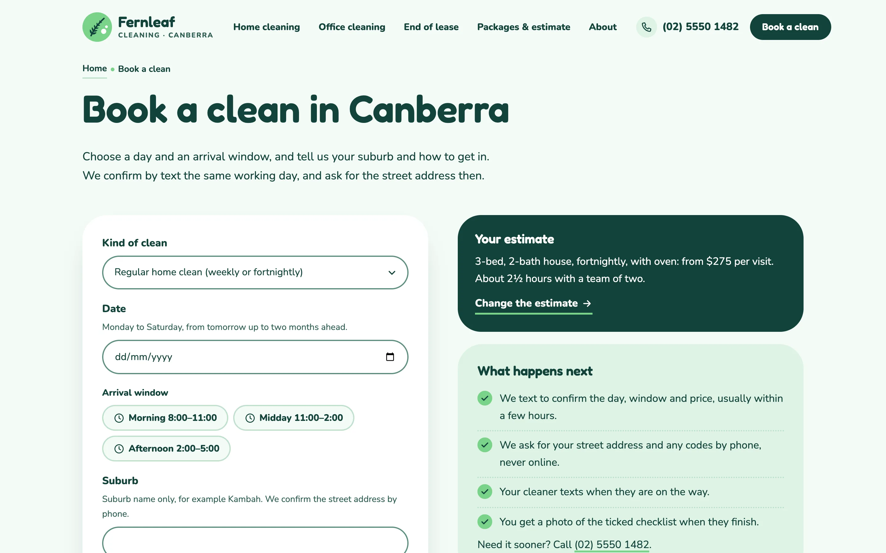 House and office cleaning companies demo — Booking by arrival window