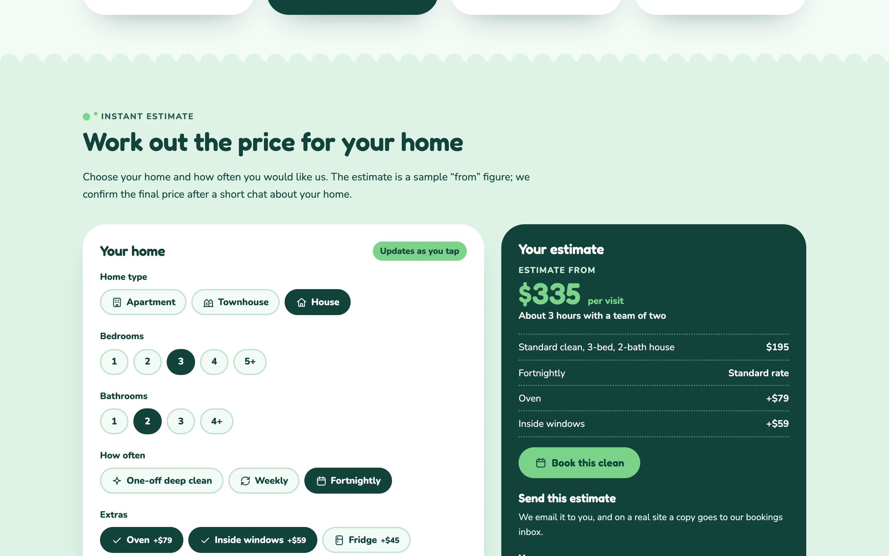House and office cleaning companies demo — Instant estimate with extras