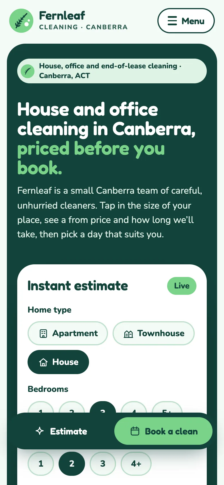 House and office cleaning companies demo website on a phone