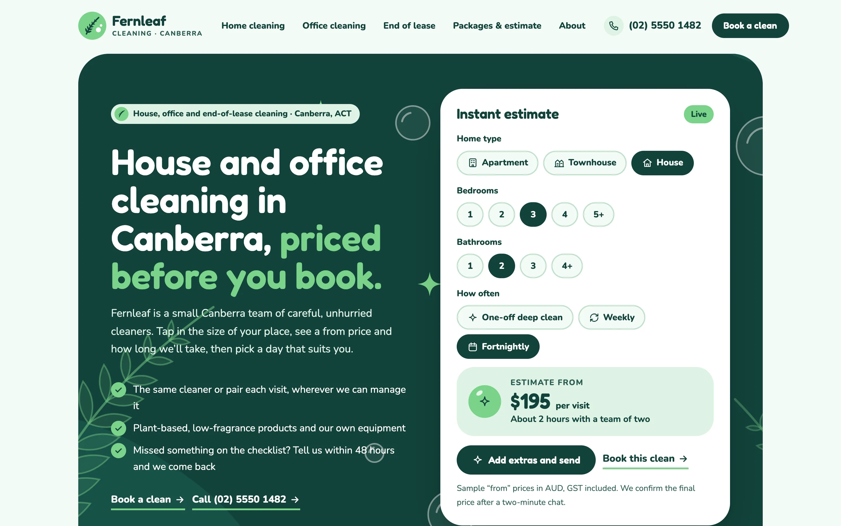 House and office cleaning companies demo website on a desktop browser