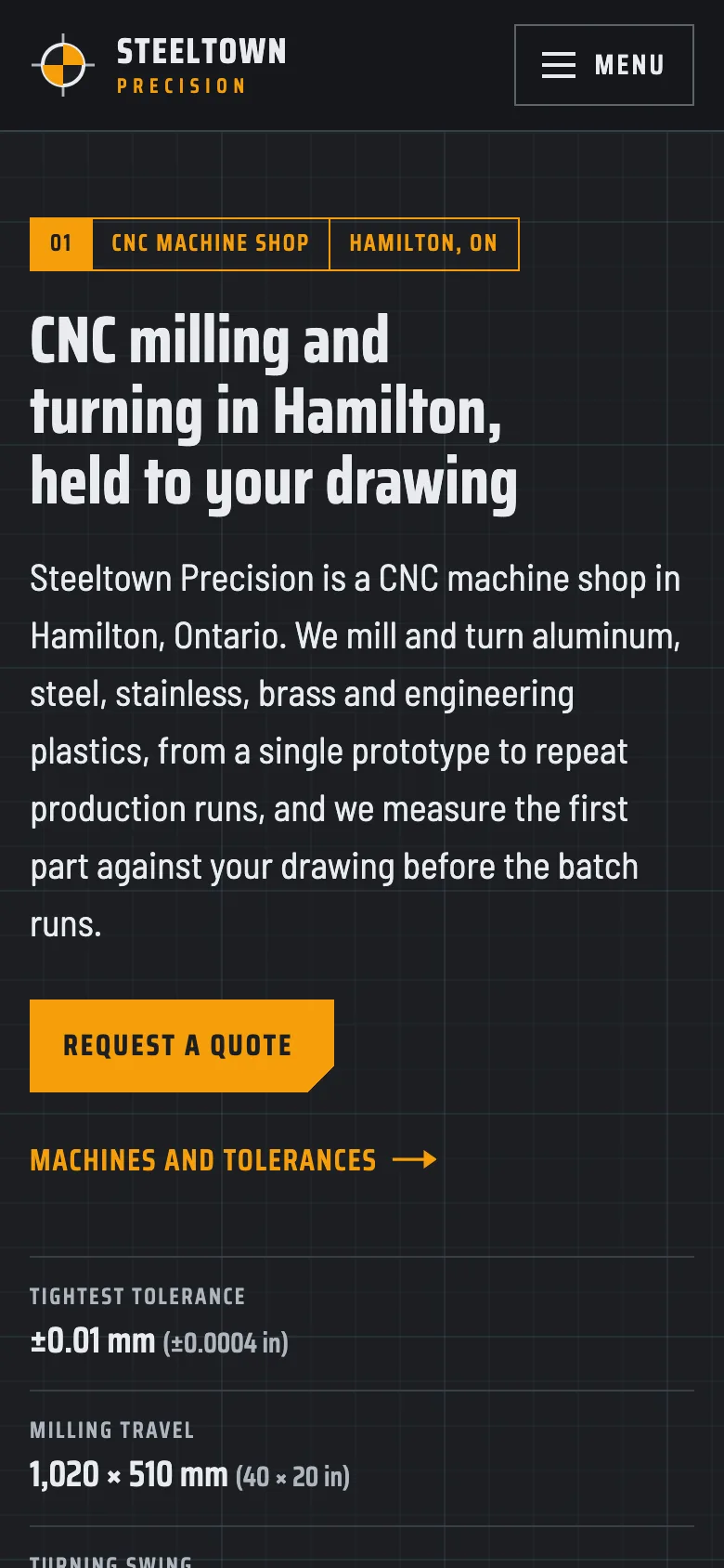 CNC machining and metal fabrication shops demo website on a phone