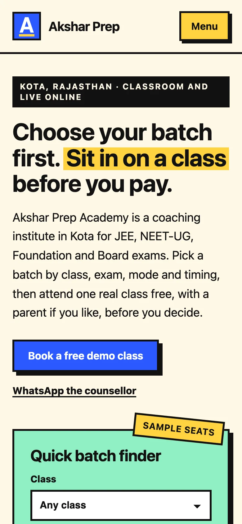 Coaching institutes demo website on a phone