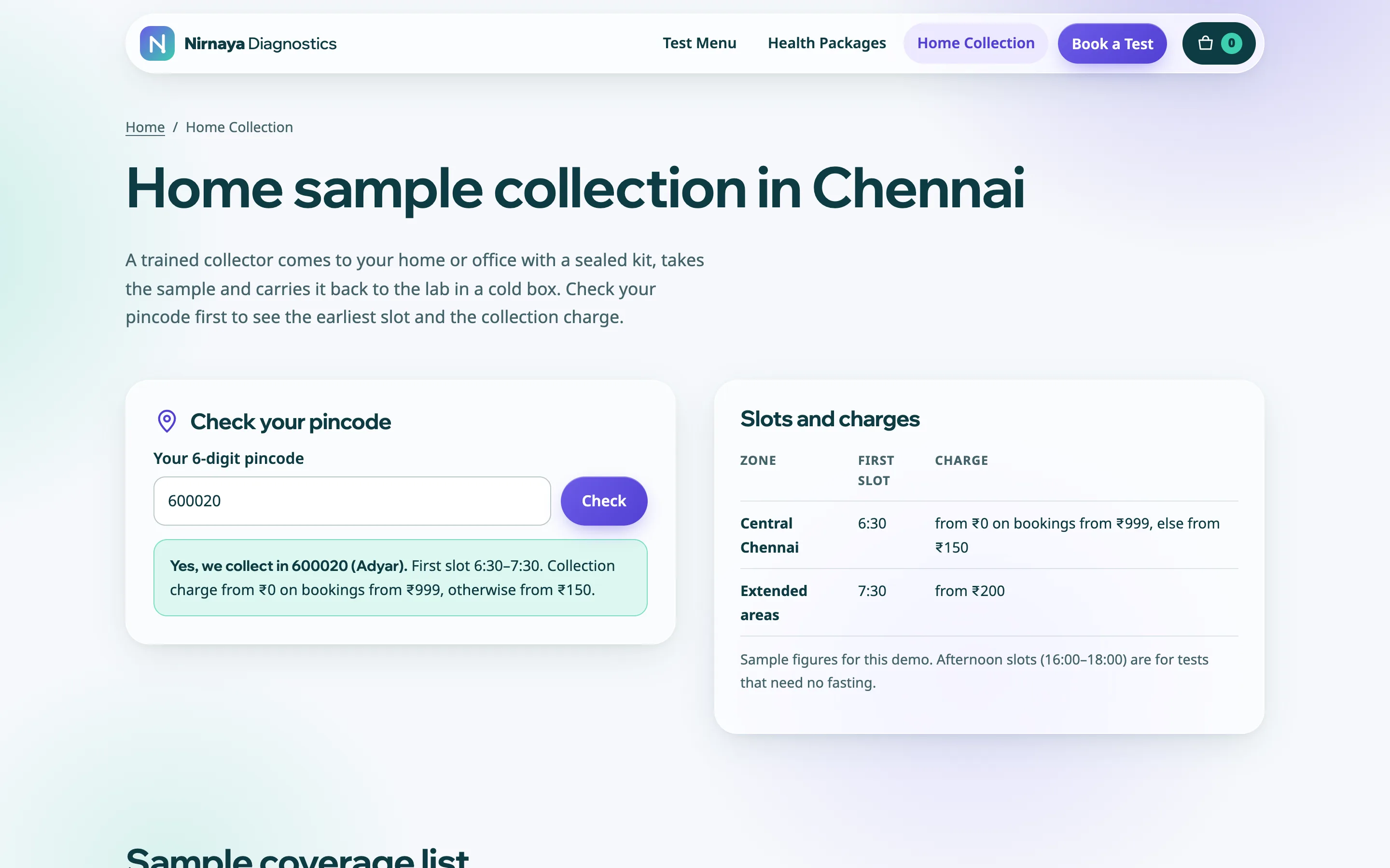 Diagnostic labs demo — Home collection pincode check