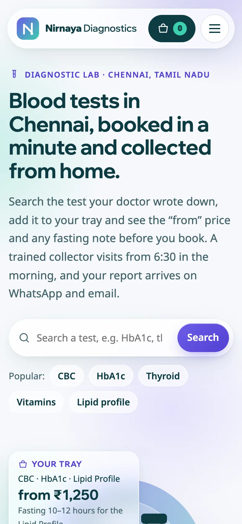 Diagnostic labs demo website on a phone