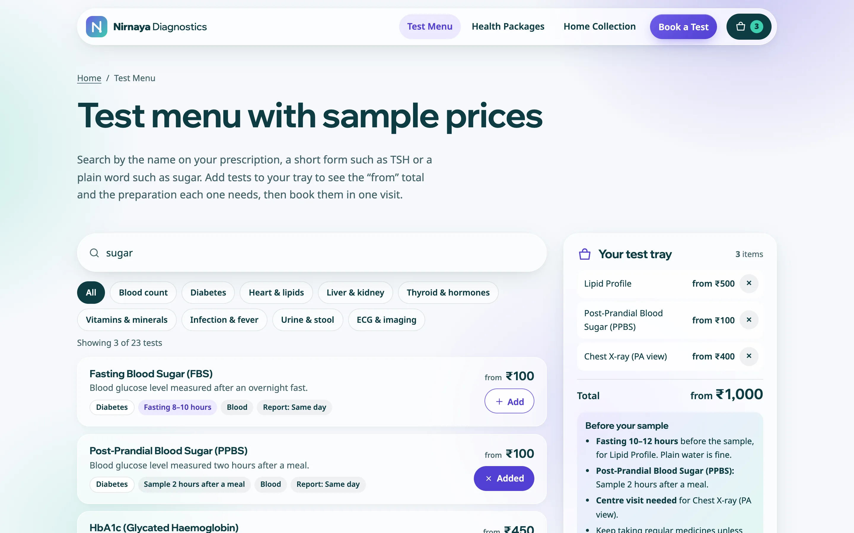 Diagnostic labs demo — Test menu and tray