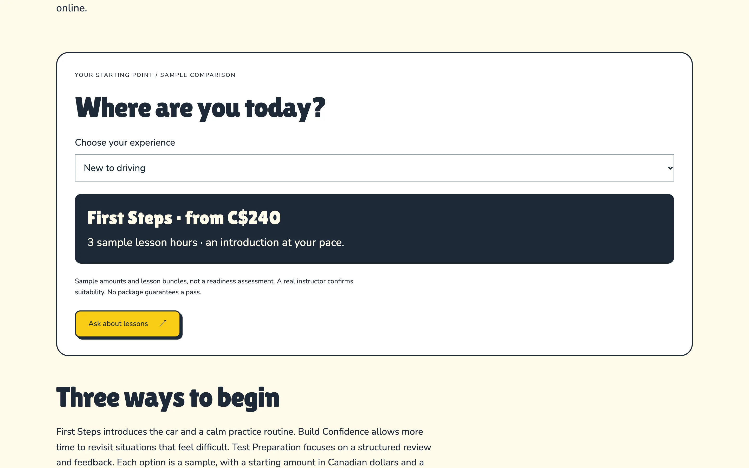 Driving school demo — Choose a lesson starting point