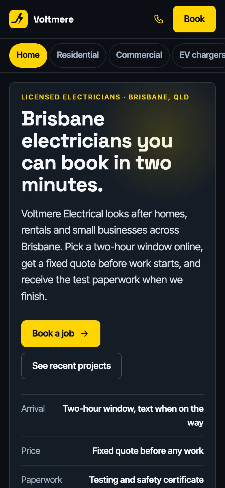 Electricians demo website on a phone
