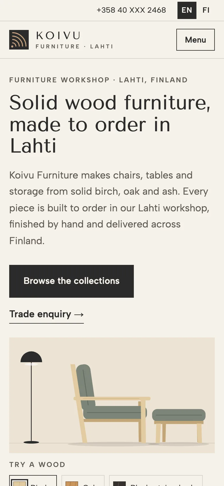 Furniture makers demo website on a phone