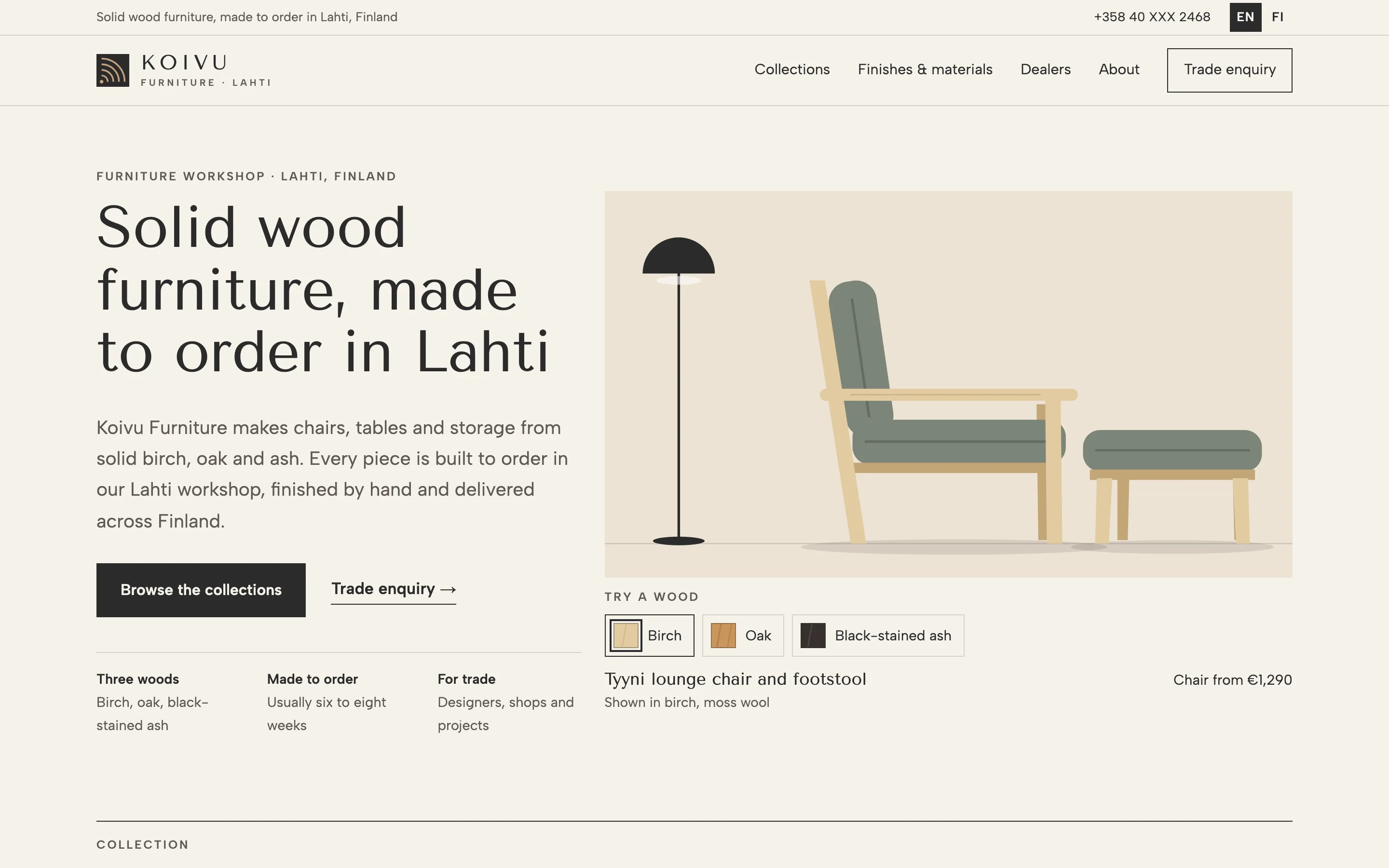 Furniture makers demo website on a desktop browser