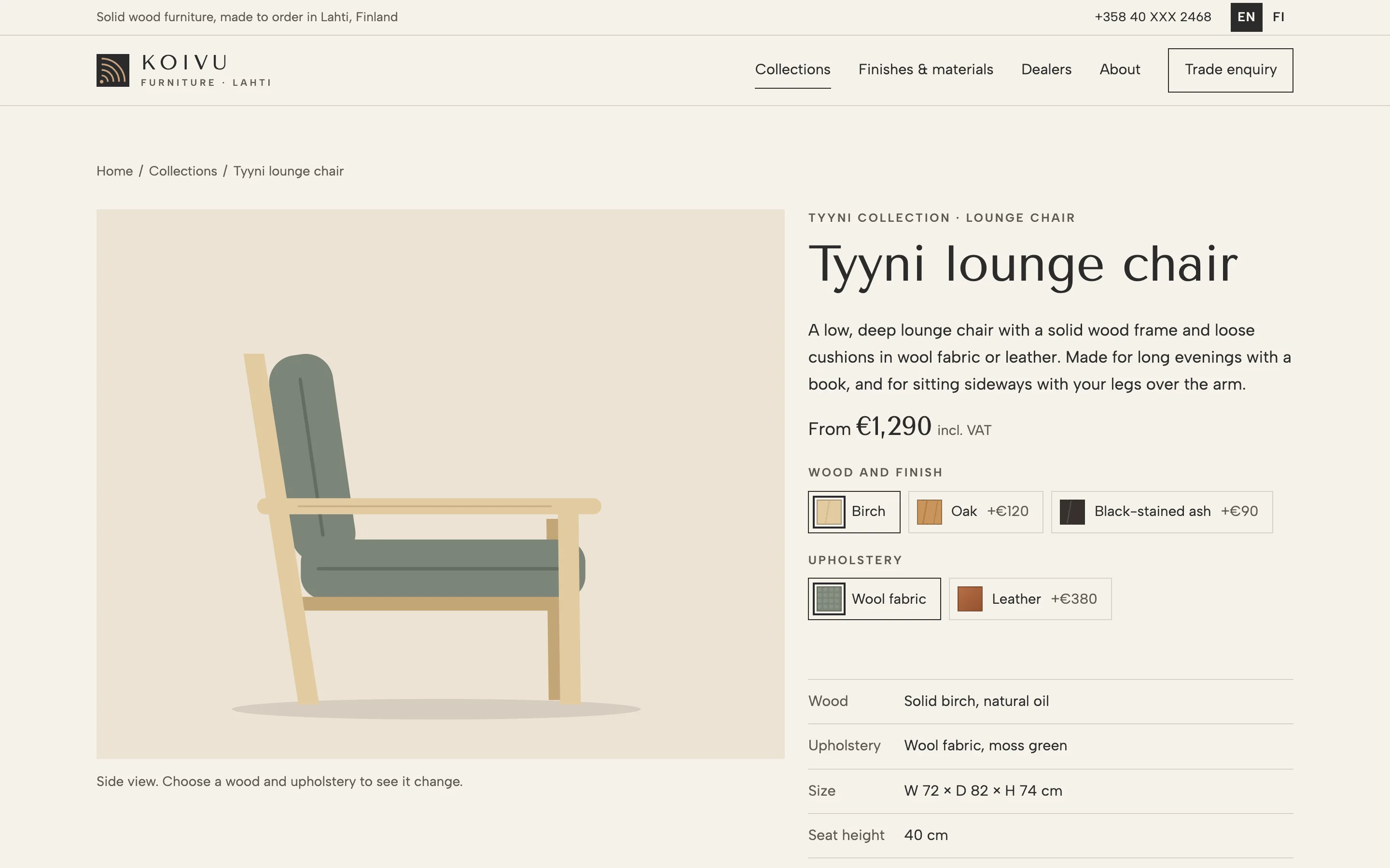 Furniture makers demo — Product page with switcher