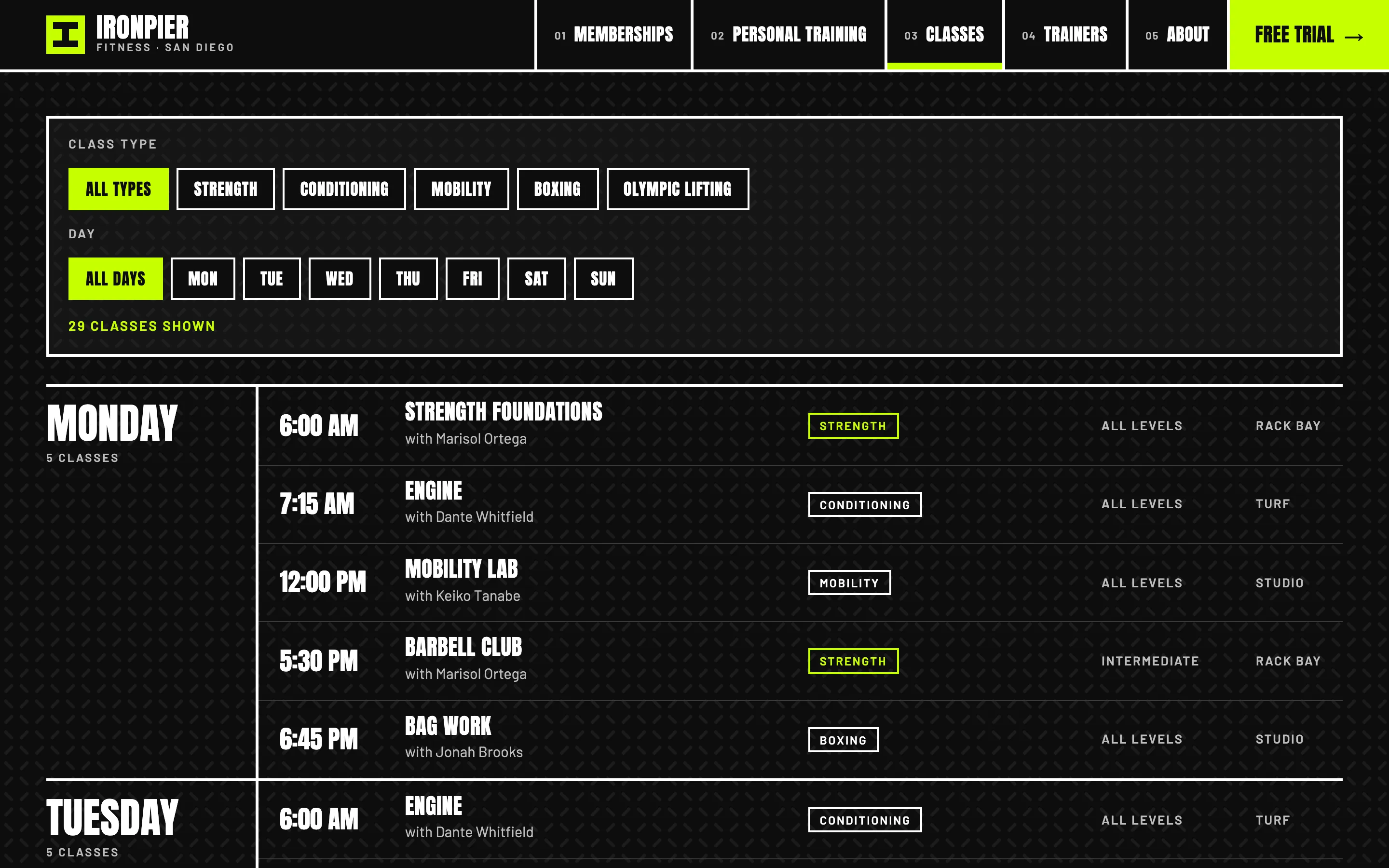 Gyms and personal trainers demo — Filterable class schedule
