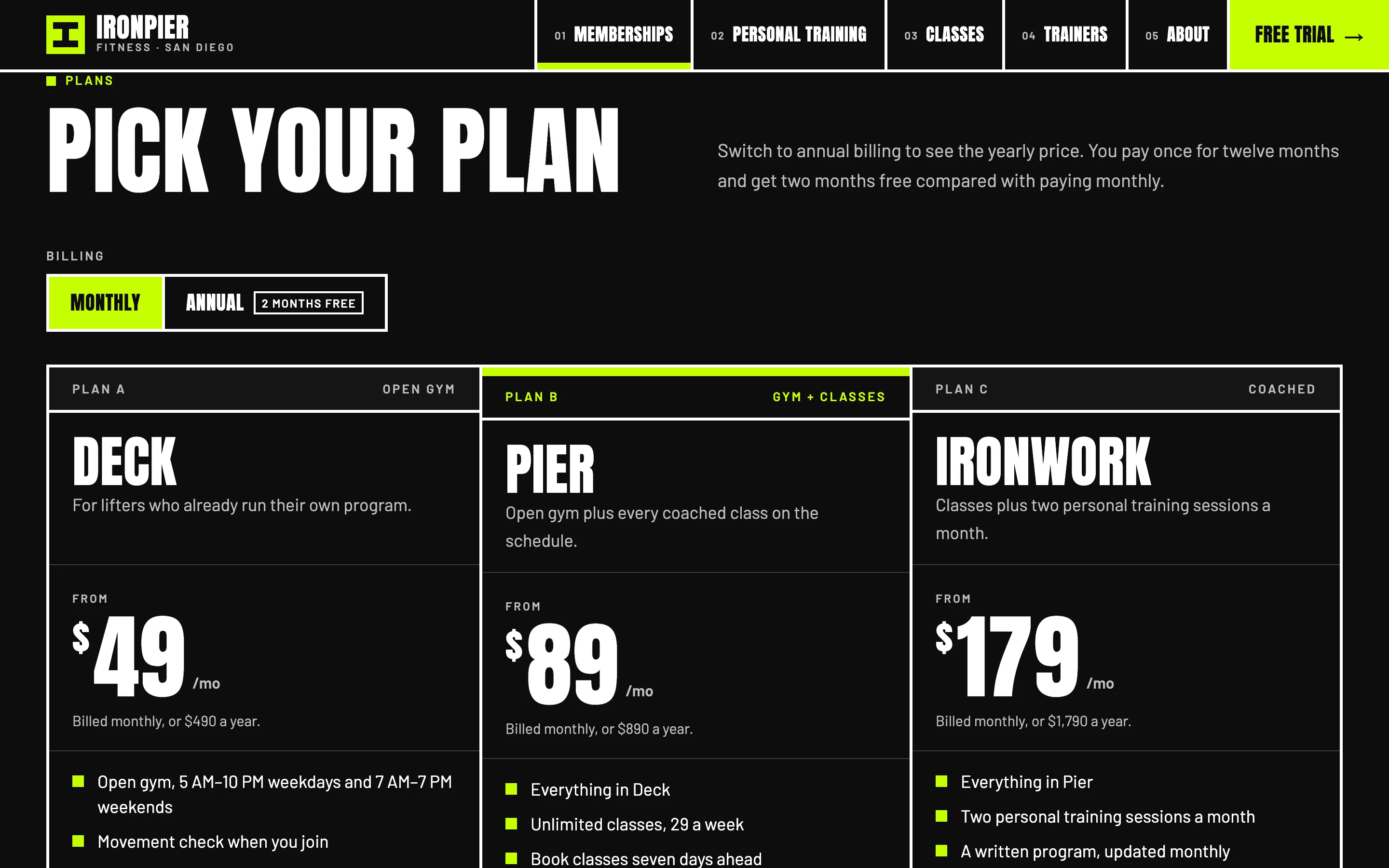 Gyms and personal trainers demo — Memberships with a price toggle