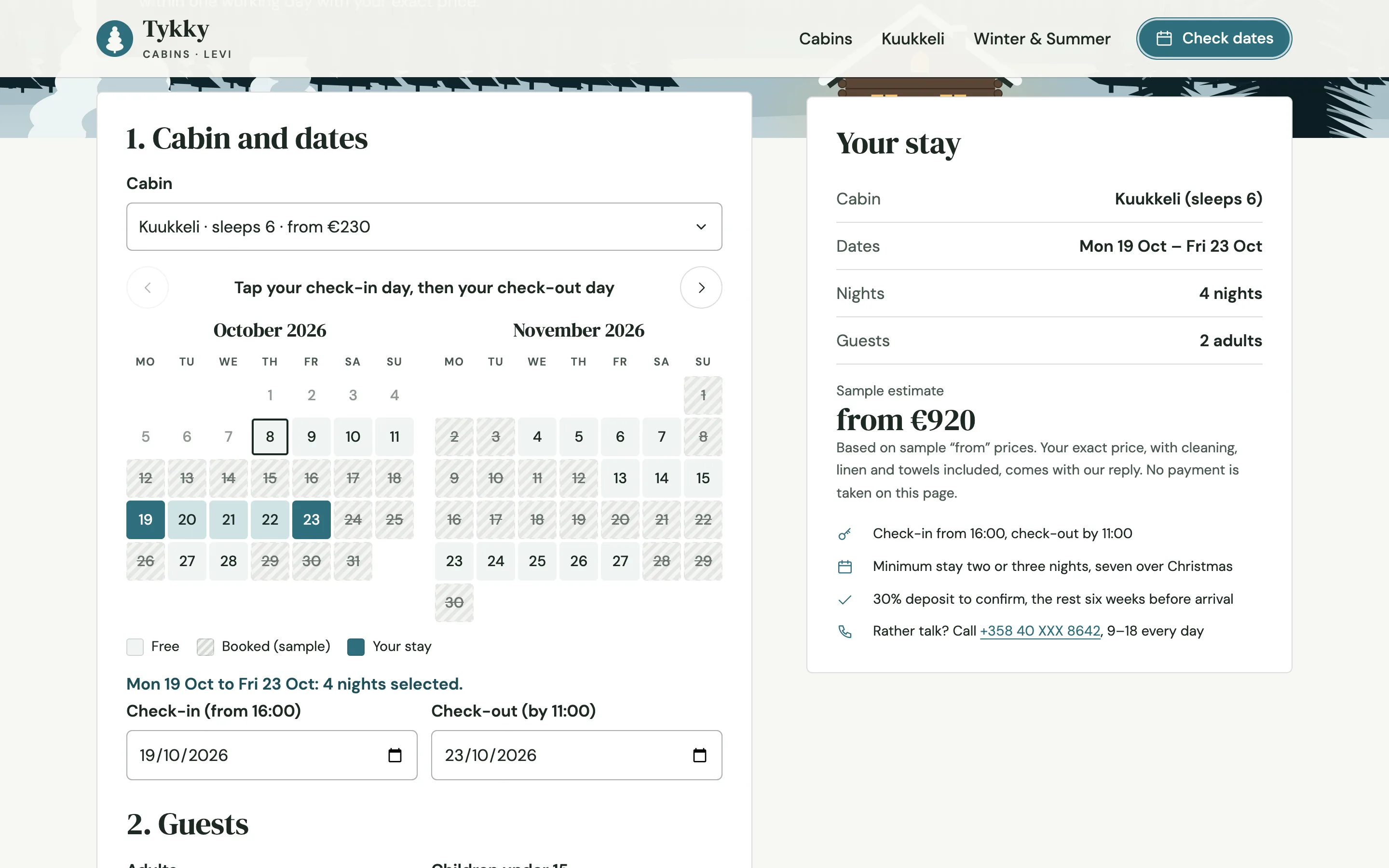 Holiday cottage and cabin rentals demo — Availability calendar and enquiry