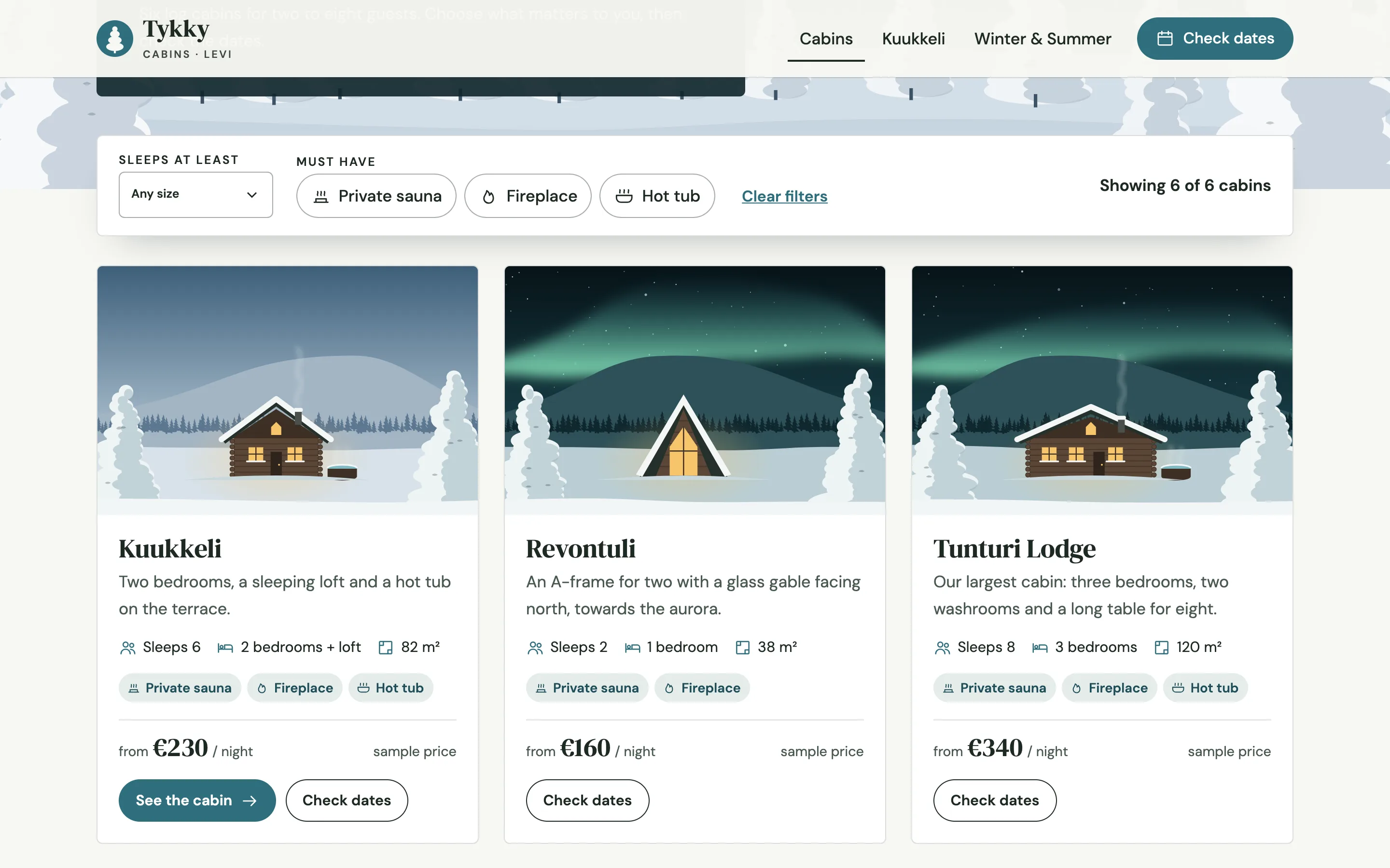 Holiday cottage and cabin rentals demo — Cabin listings with amenity filters