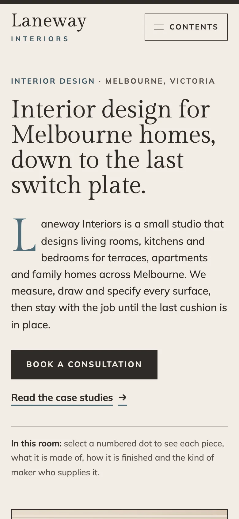 Interior designers demo website on a phone