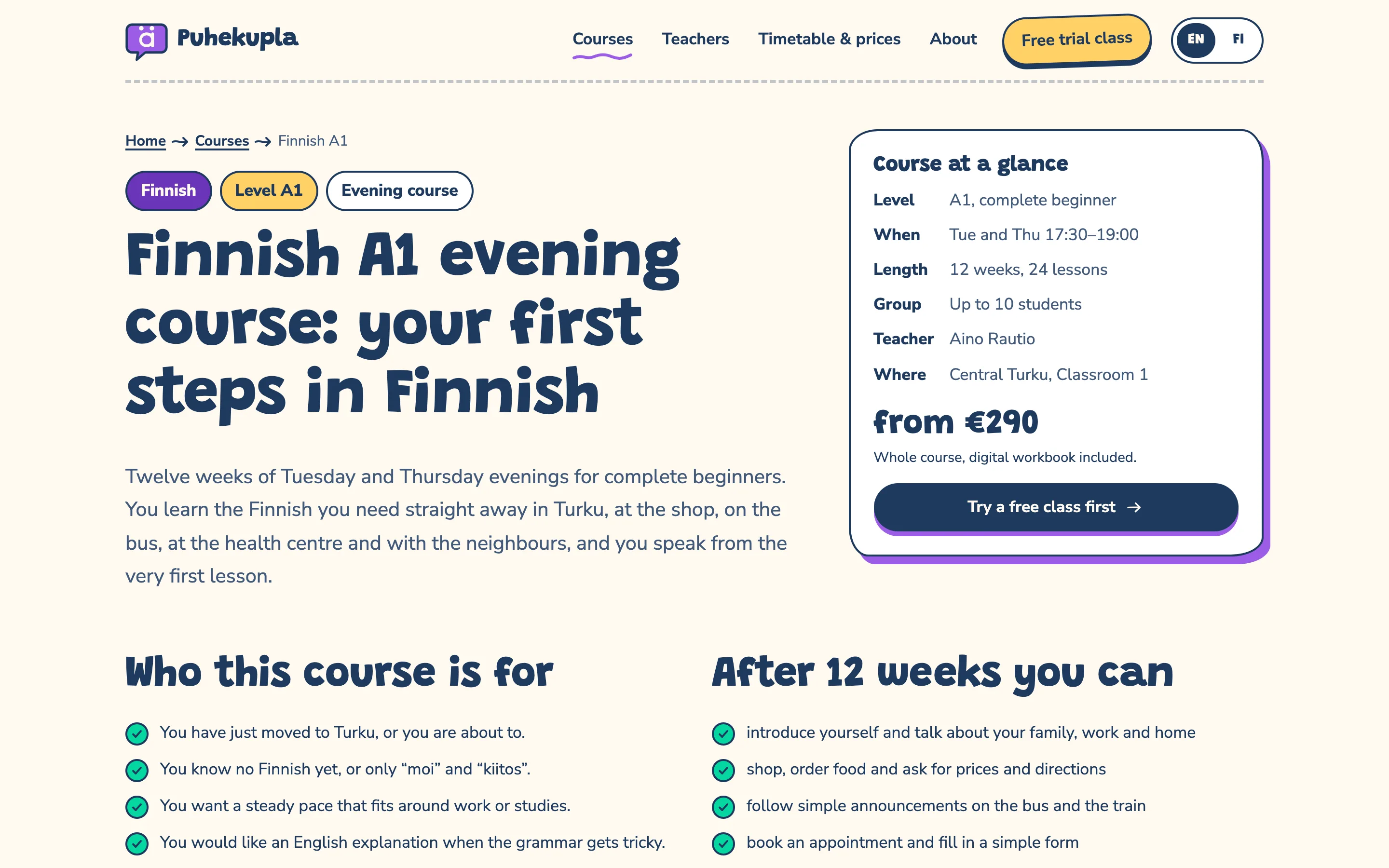 Language schools and tutors demo — Course page