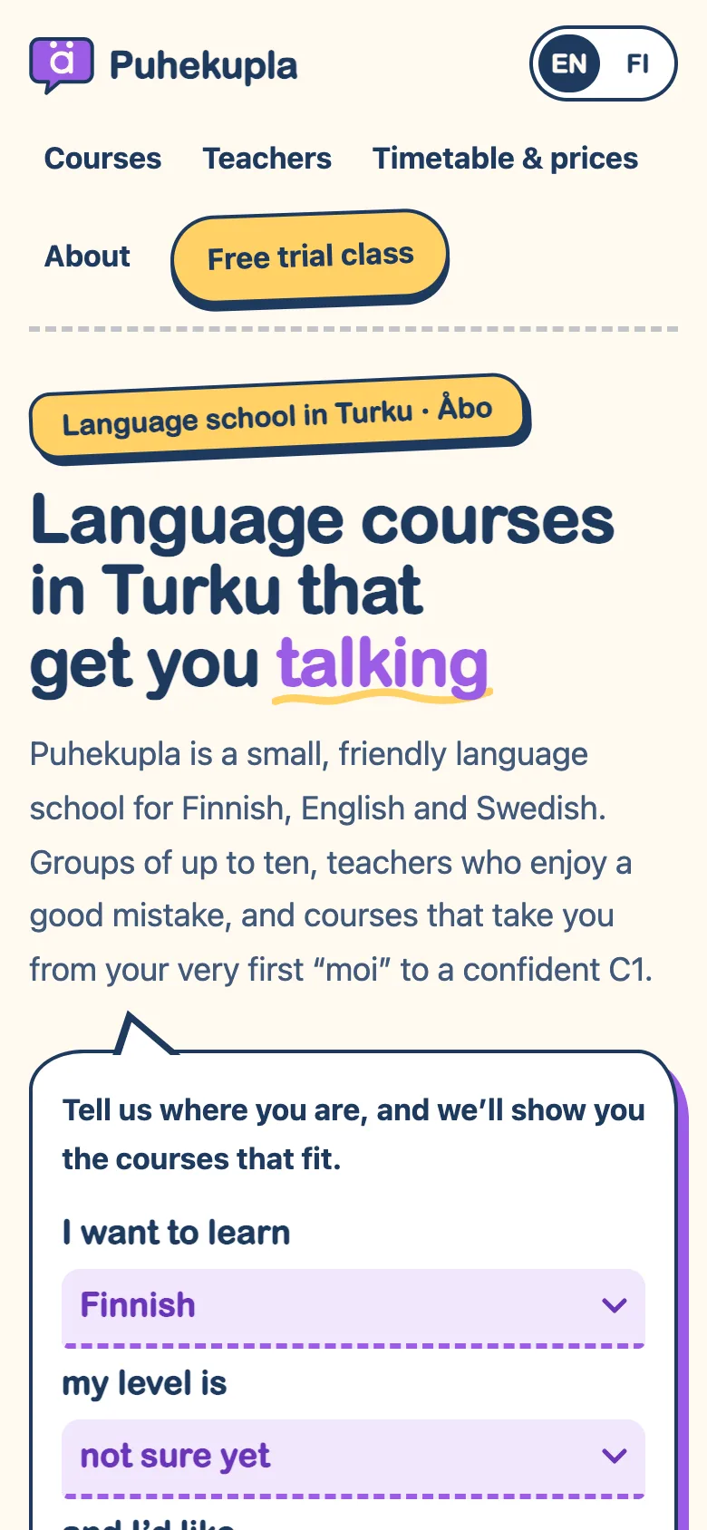 Language schools and tutors demo website on a phone