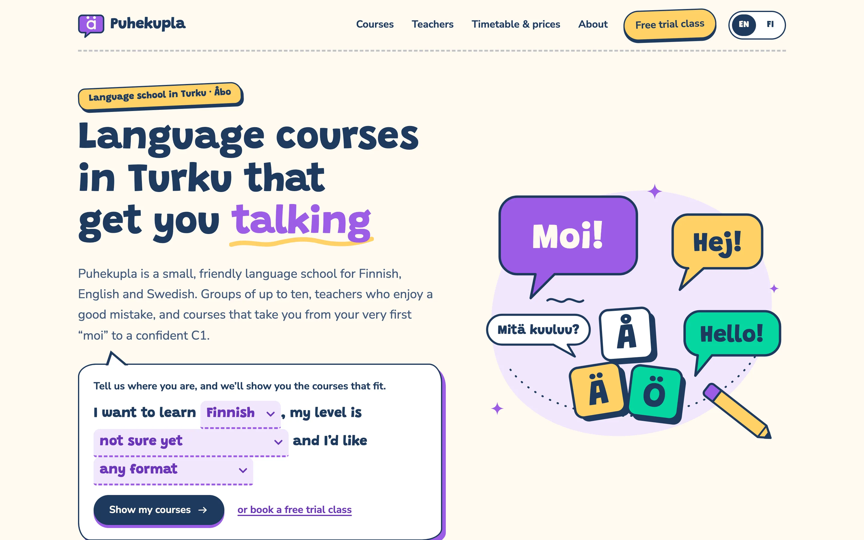 Language schools and tutors demo website on a desktop browser