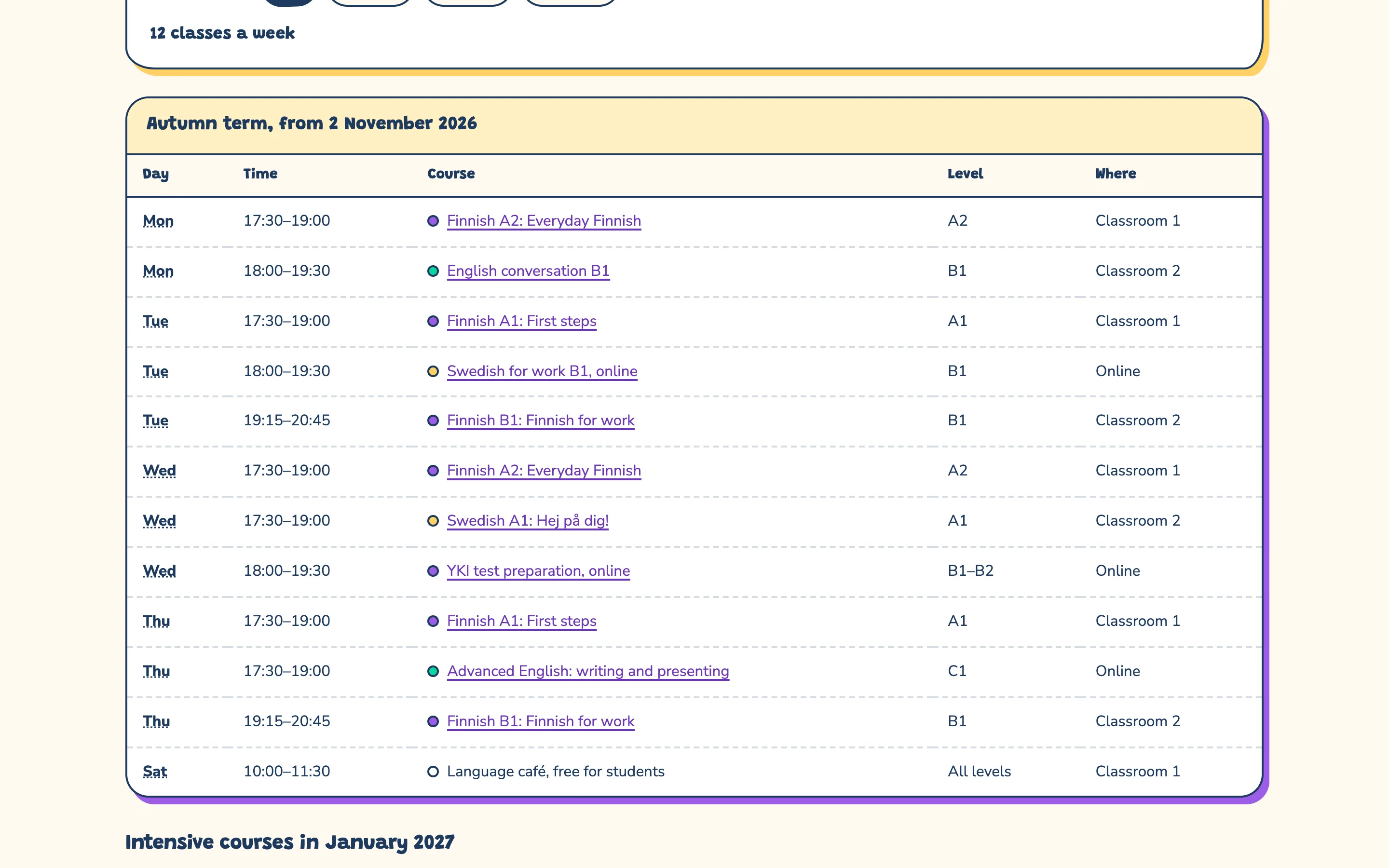 Language schools and tutors demo — Timetable
