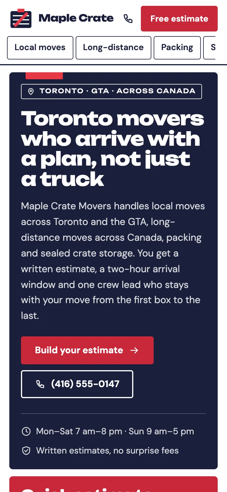 Moving and packing companies demo website on a phone