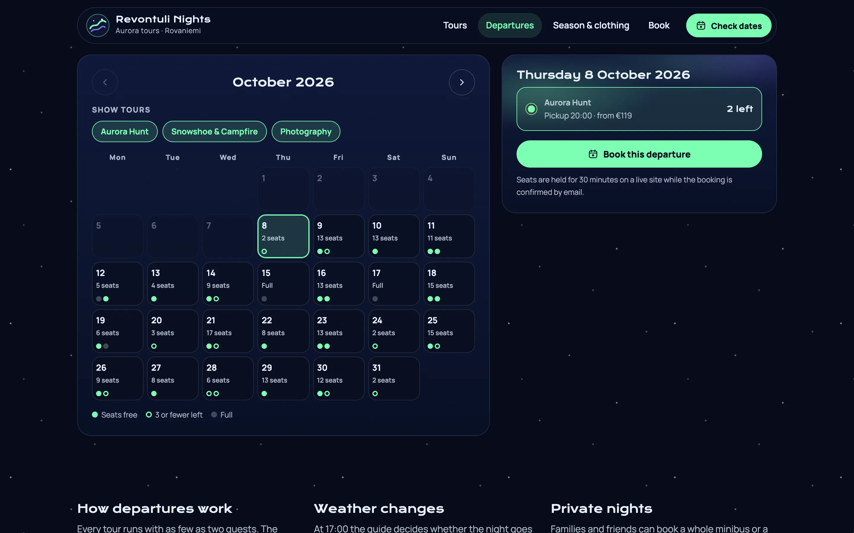 Northern lights and nature tours demo — Departure calendar