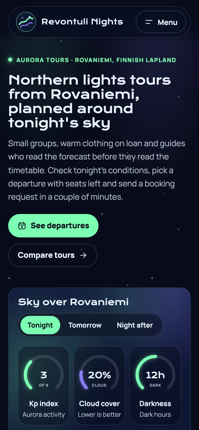 Northern lights and nature tours demo website on a phone