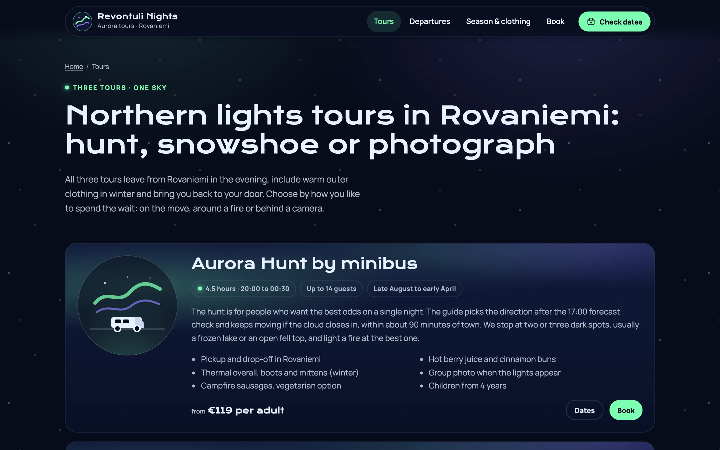 Northern lights and nature tours demo — Tour cards