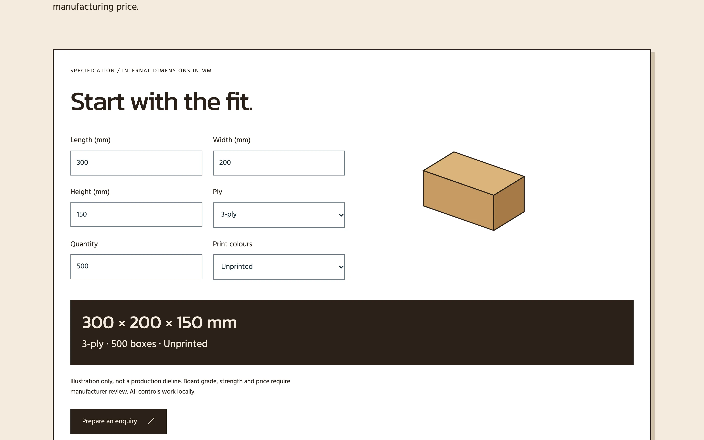 Packaging manufacturer demo — Configure a sample box