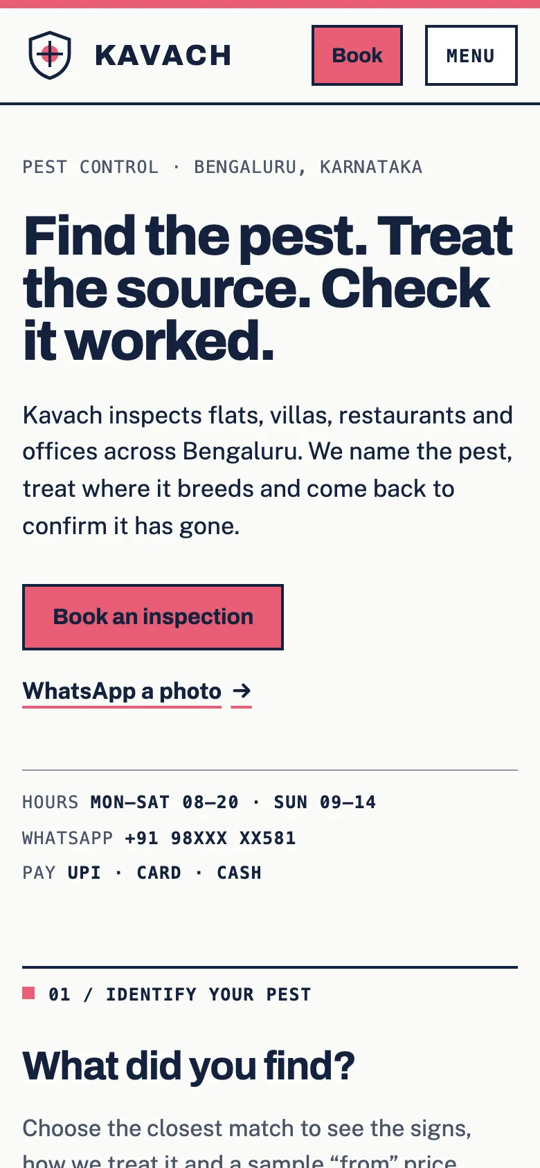 Pest control companies demo website on a phone