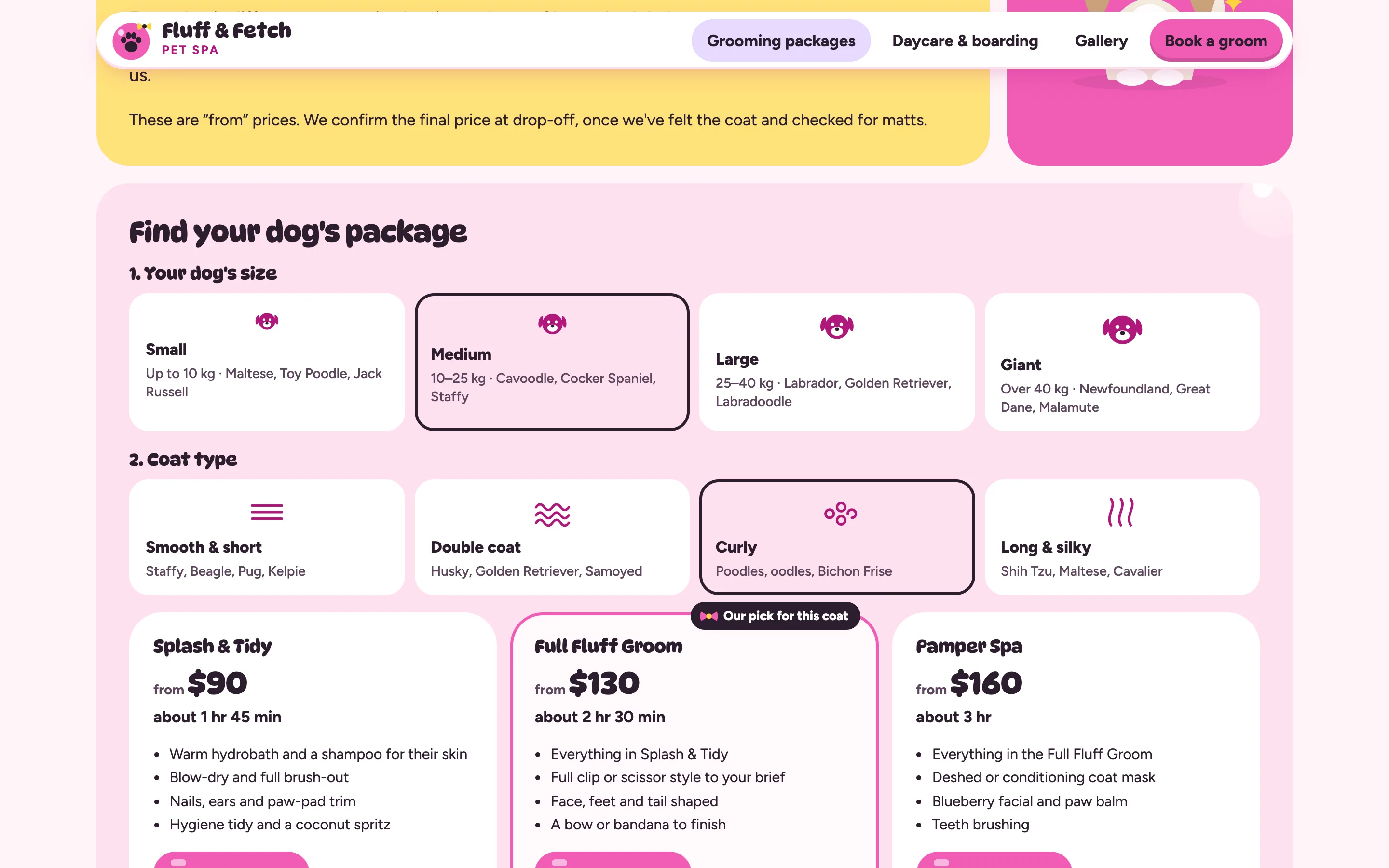 Pet grooming and boarding demo — Package picker