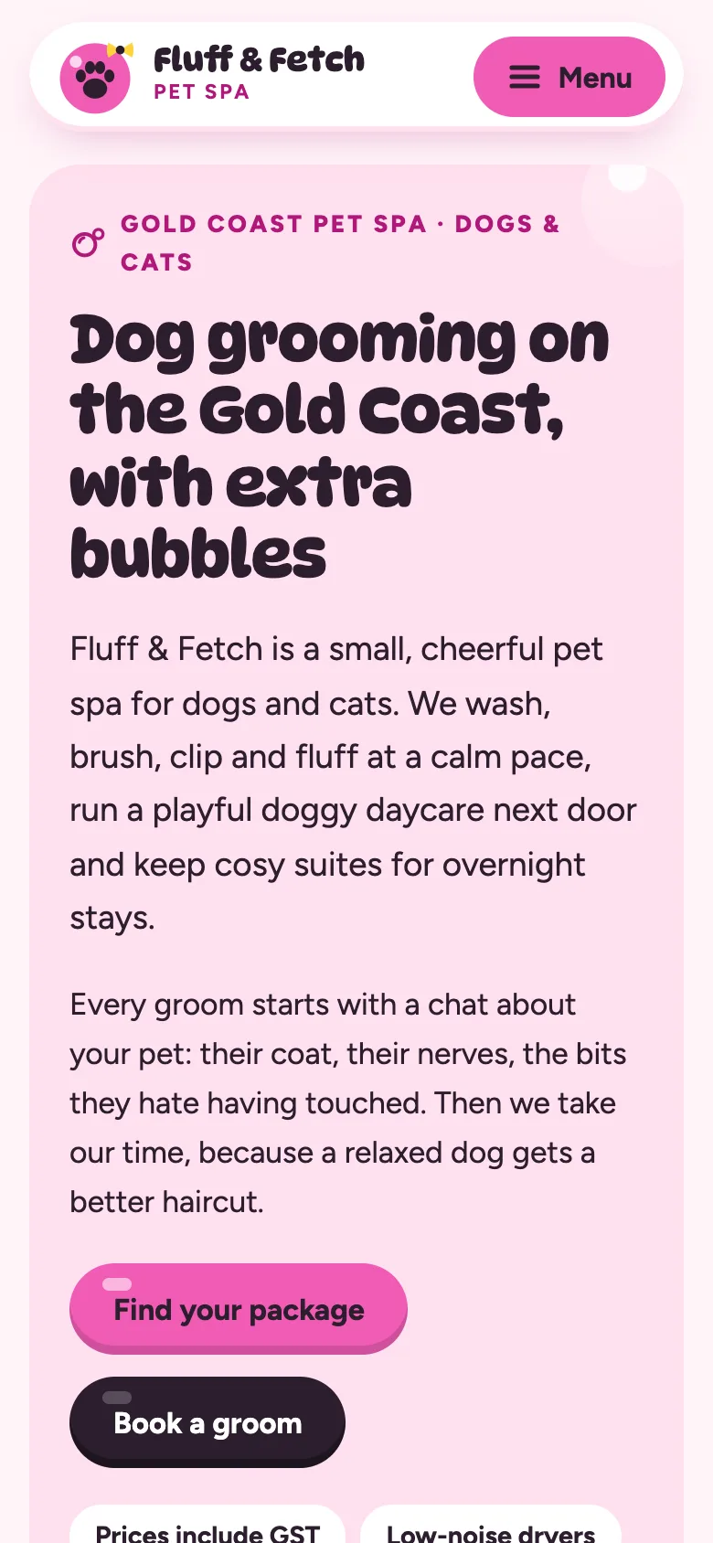 Pet grooming and boarding demo website on a phone