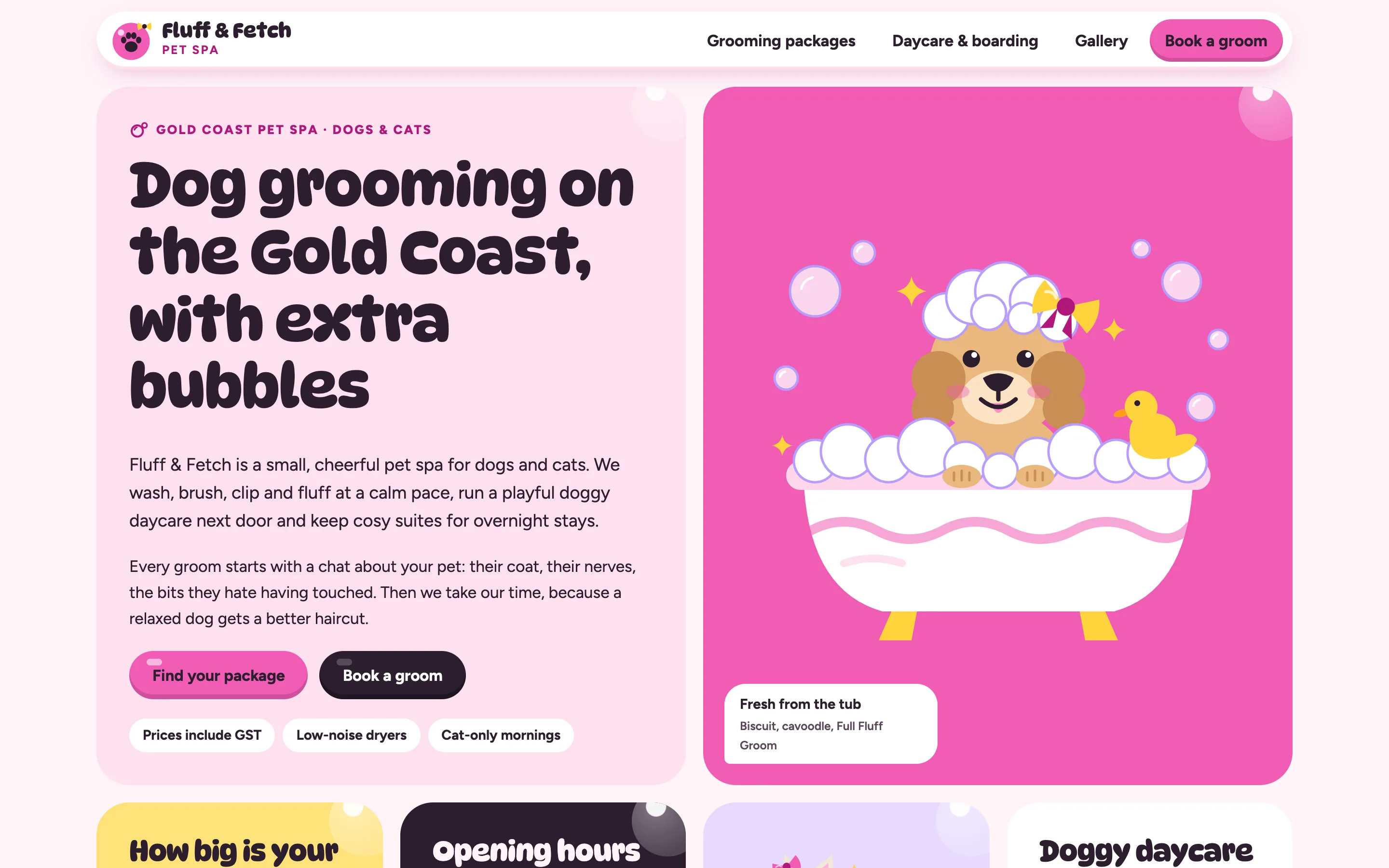 Pet grooming and boarding demo website on a desktop browser