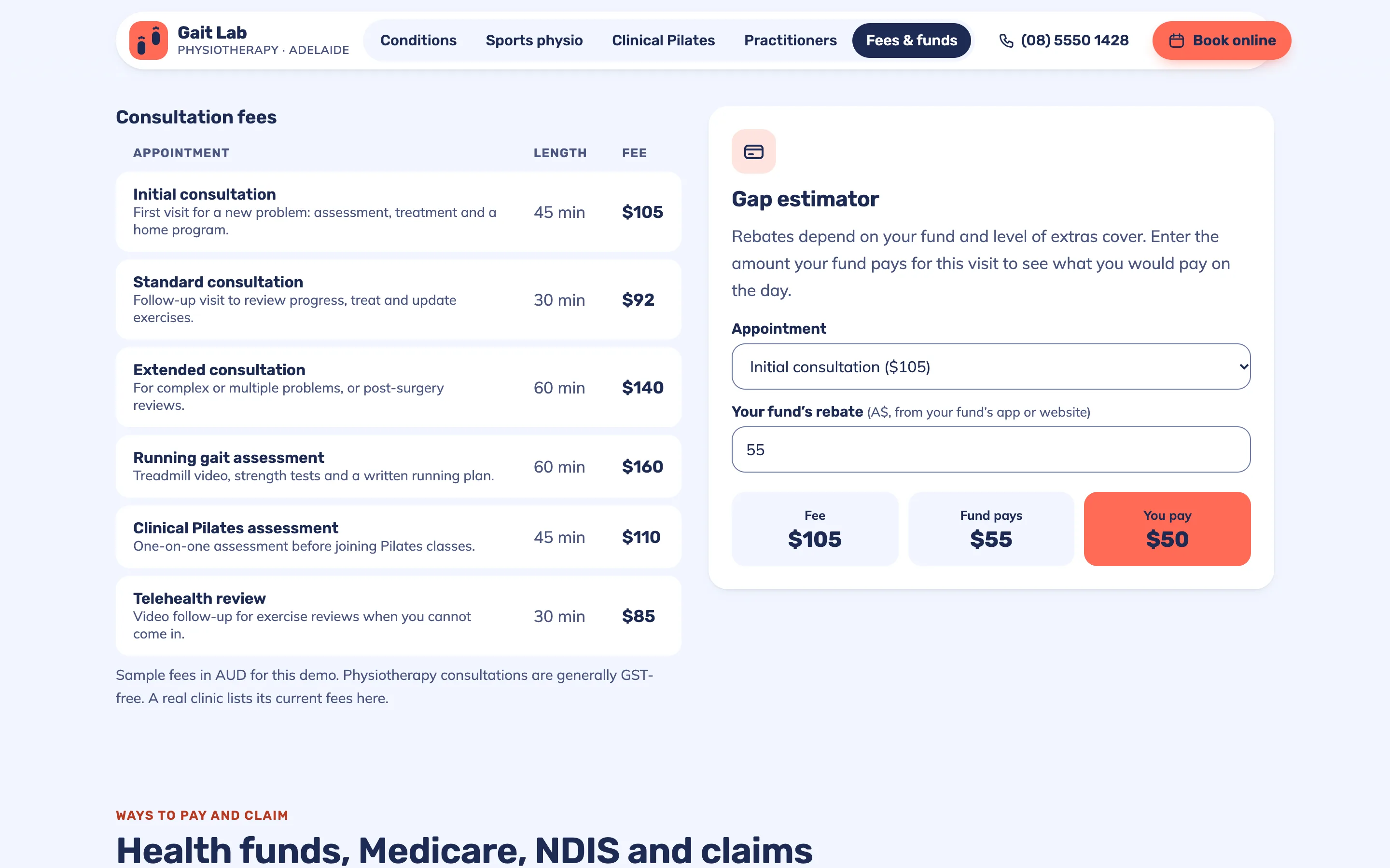 Physiotherapy clinics demo — Fees and health funds