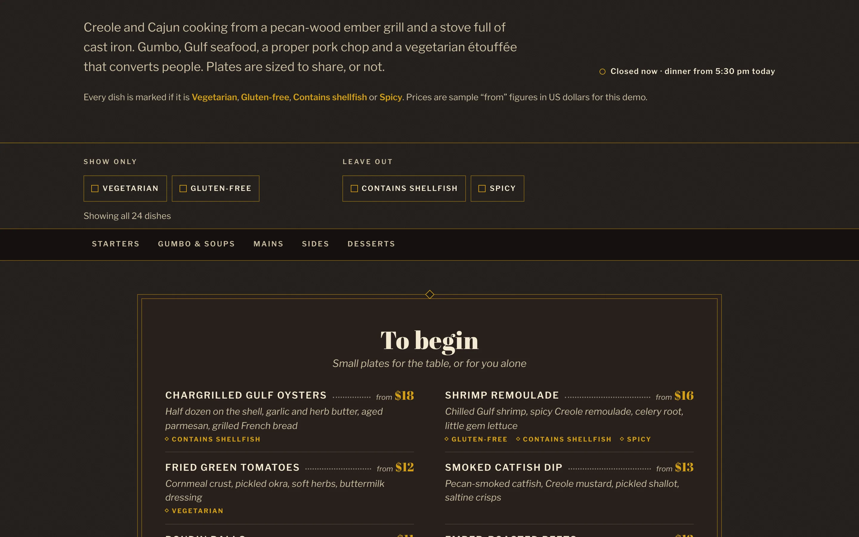 Restaurants demo — Dinner menu with dietary filters