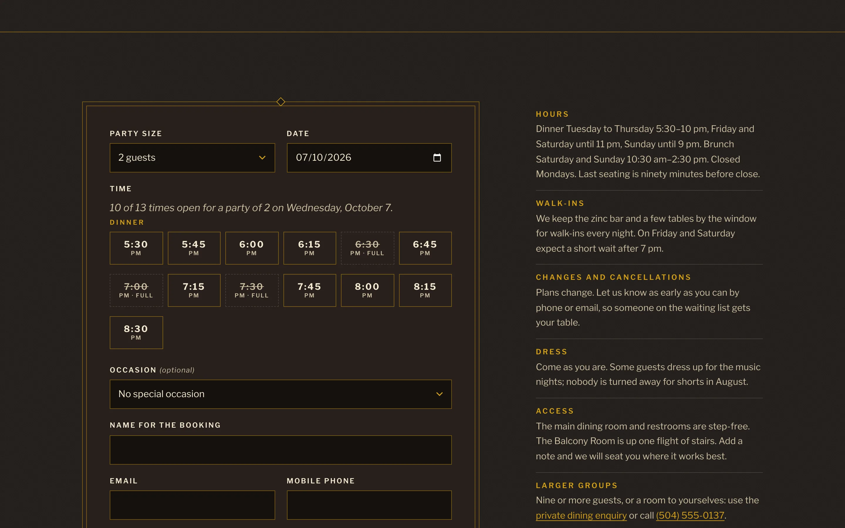 Restaurants demo — Table reservation